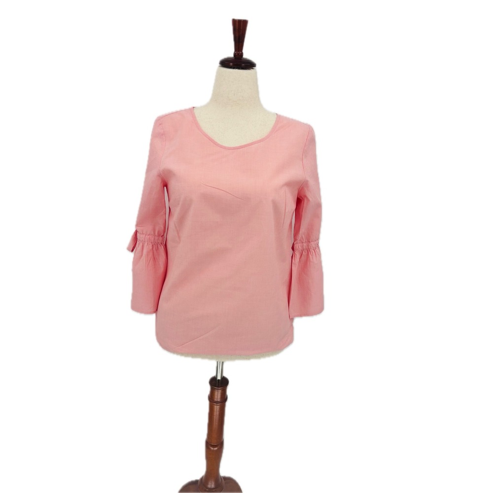 J Crew Pink Shirt Womens Small Scoop Neck Ruffled Bow Sleeve Cotton Blouse